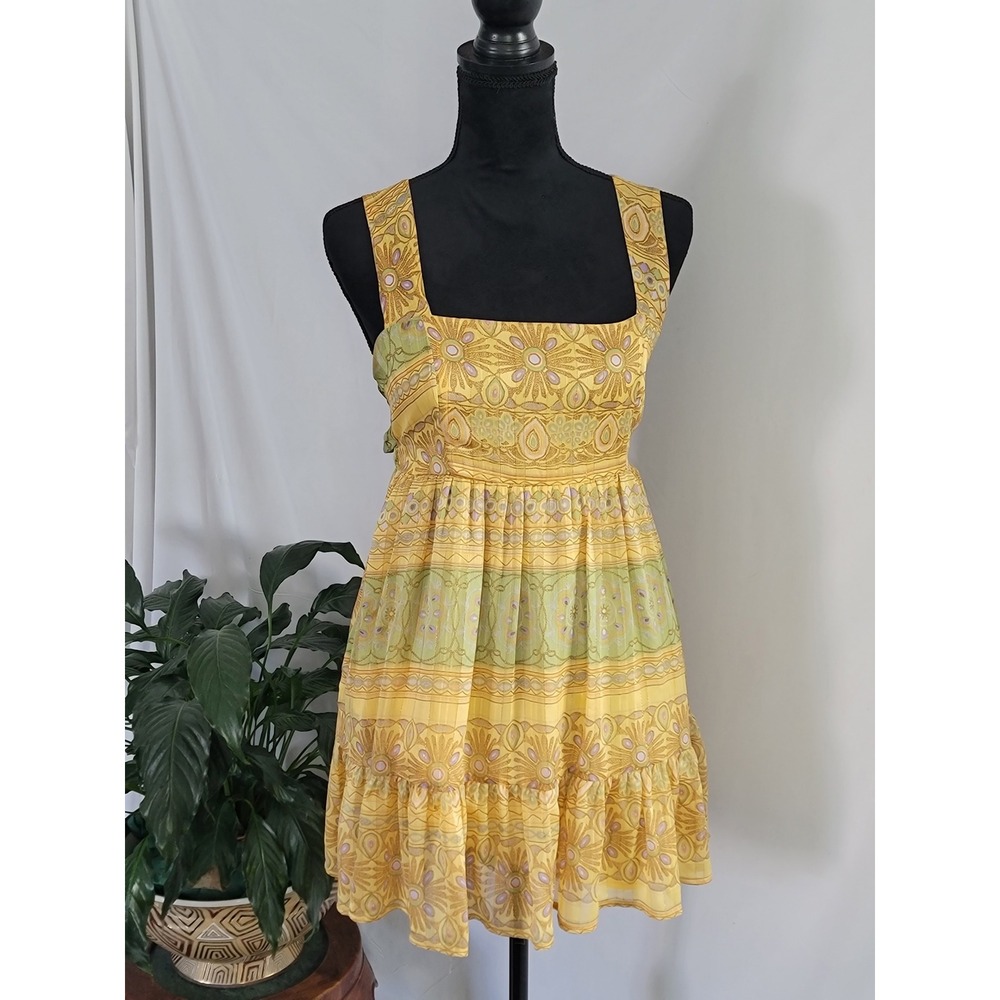 Forever‎ 21 Yellow Boho Floral Metallic Mini Dress Square Neck Tie Back Small